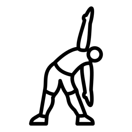 Icon of a human figure wearing workout clothing and shoes while stretching one arm high into the air