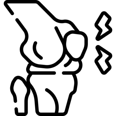 Icon of a human knee, two lightning bolts next to it to indicate pain