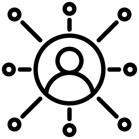 Icon of a human profile inside a circle surrounded by several other, smaller circles connected to it