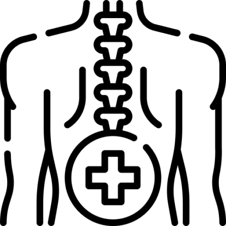Icon of a human back with a spine showing, with a medical cross symbol covering the lower back