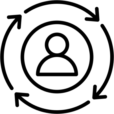 Icon of a human profile inside a circle, which is inside a larger circle created by four curving arrows pointed clockwise