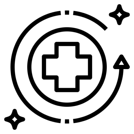 Icon of a medical cross inside a circle, which is in an even larger circle that open in one corner to create a long, circular arrow